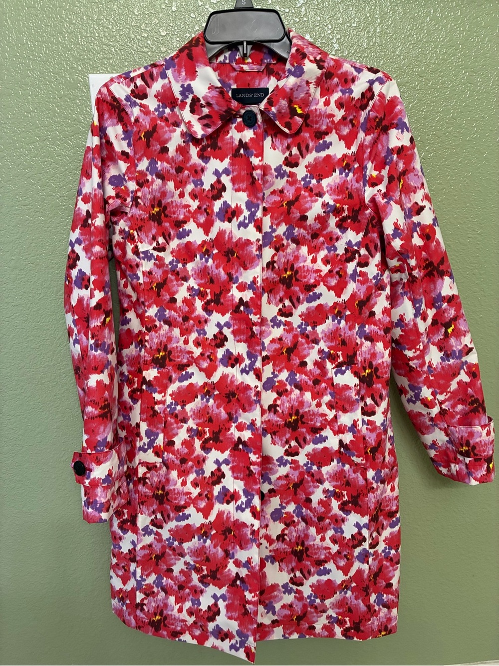 Lands' End Red and Purple Floral Trench Coat